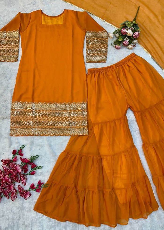 Heavy Pure Faux Georgette Top Palazzo With Dupatta For Party Wear